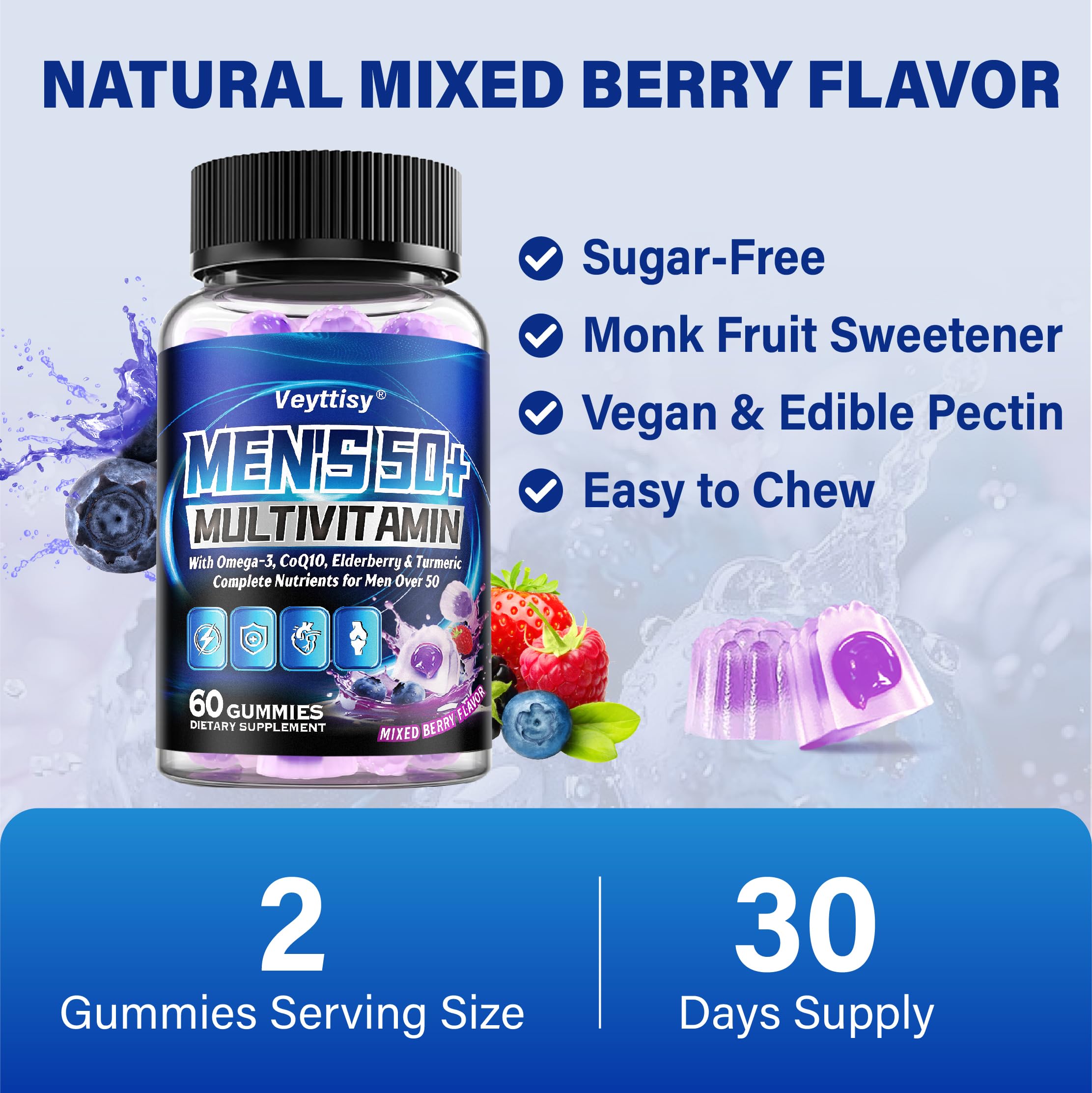 Veyttisy 50+ gummies gluten-free non-GMO labels visible.