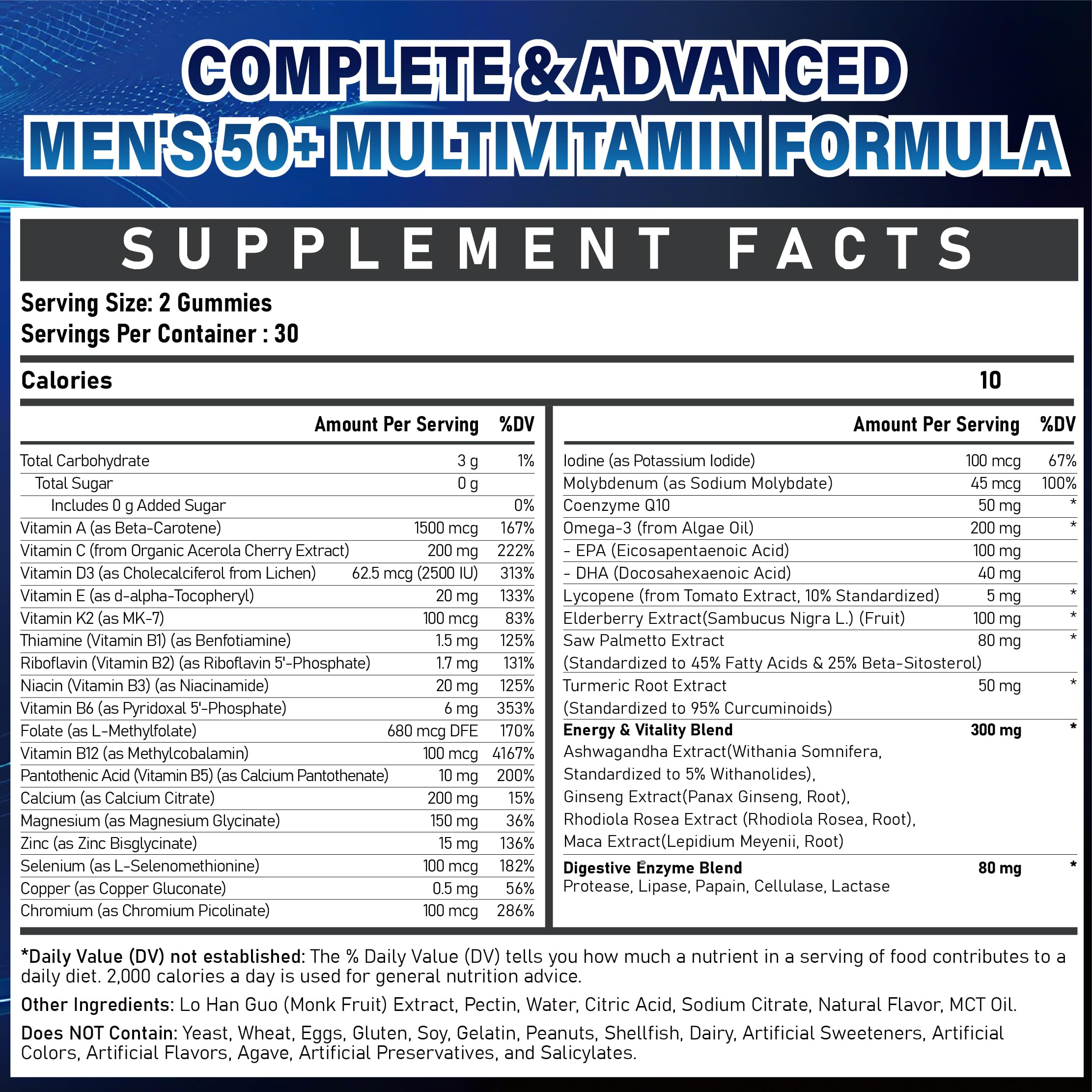 Veyttisy Sugar Free Multivitamin Gummies 50+ packaging close-up highlights vegan ingredients.