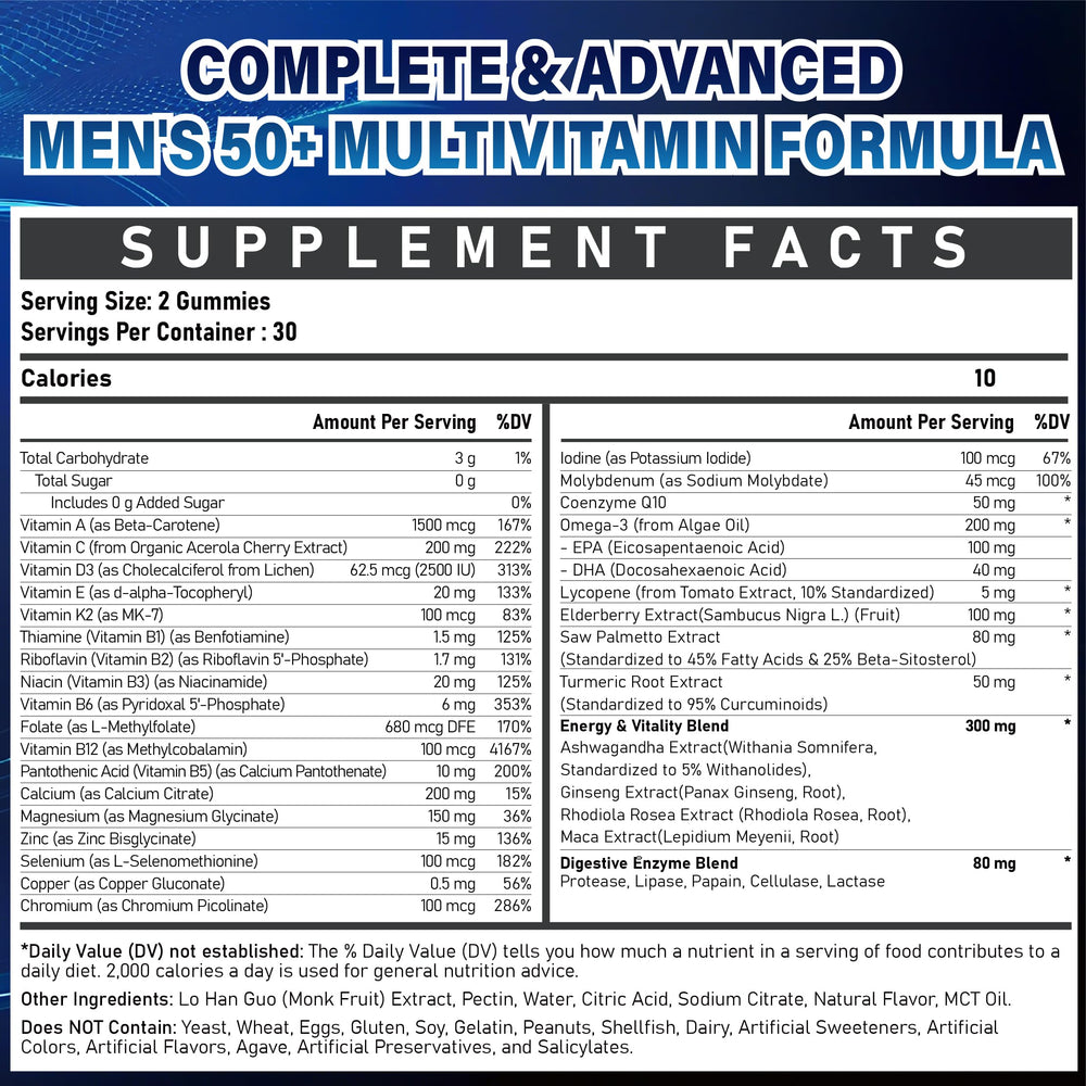 Veyttisy Sugar Free Multivitamin Gummies 50+ packaging close-up highlights vegan ingredients.