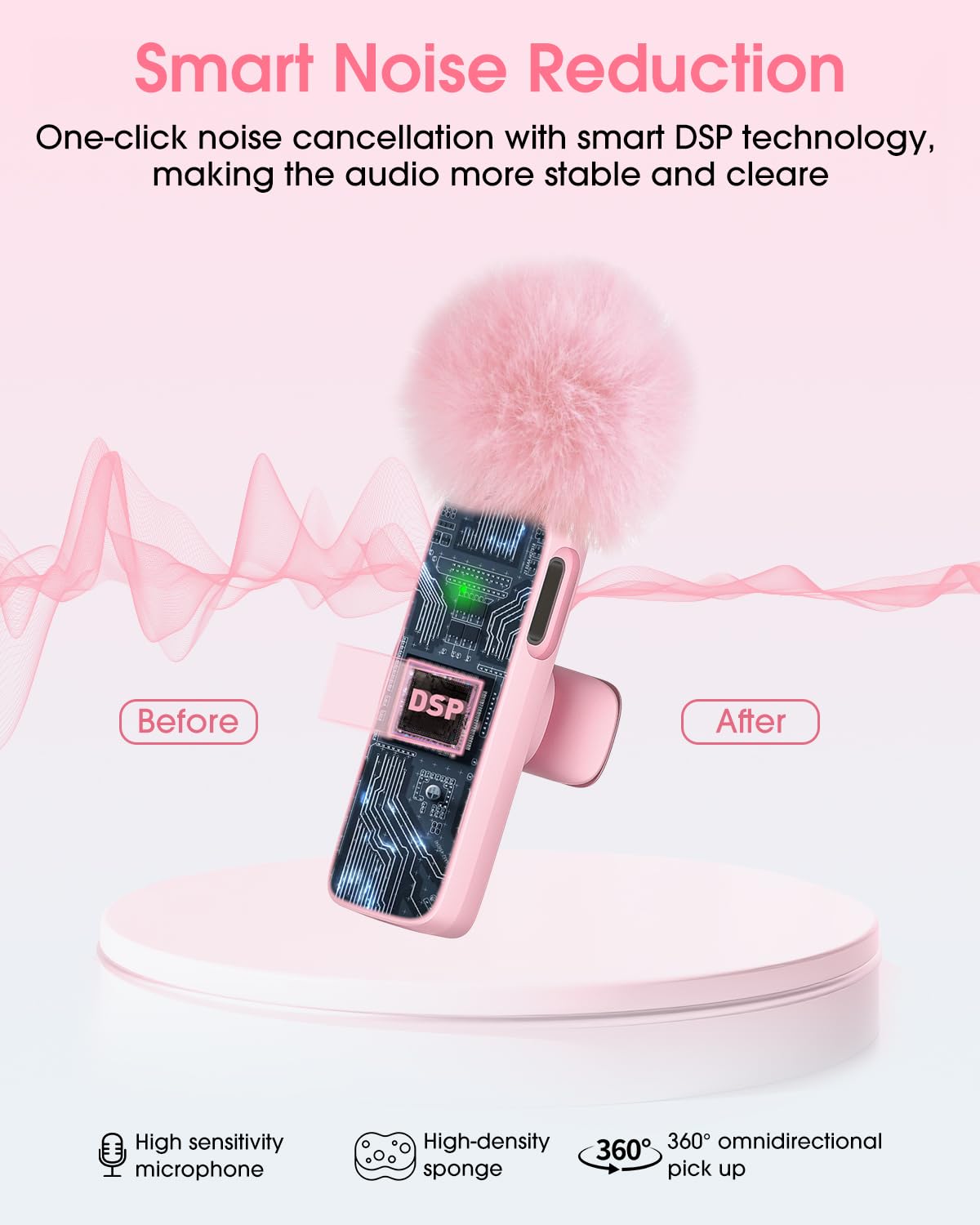 VEZQUA lavalier plug-and-play setup shown with a smartphone for instant recording.