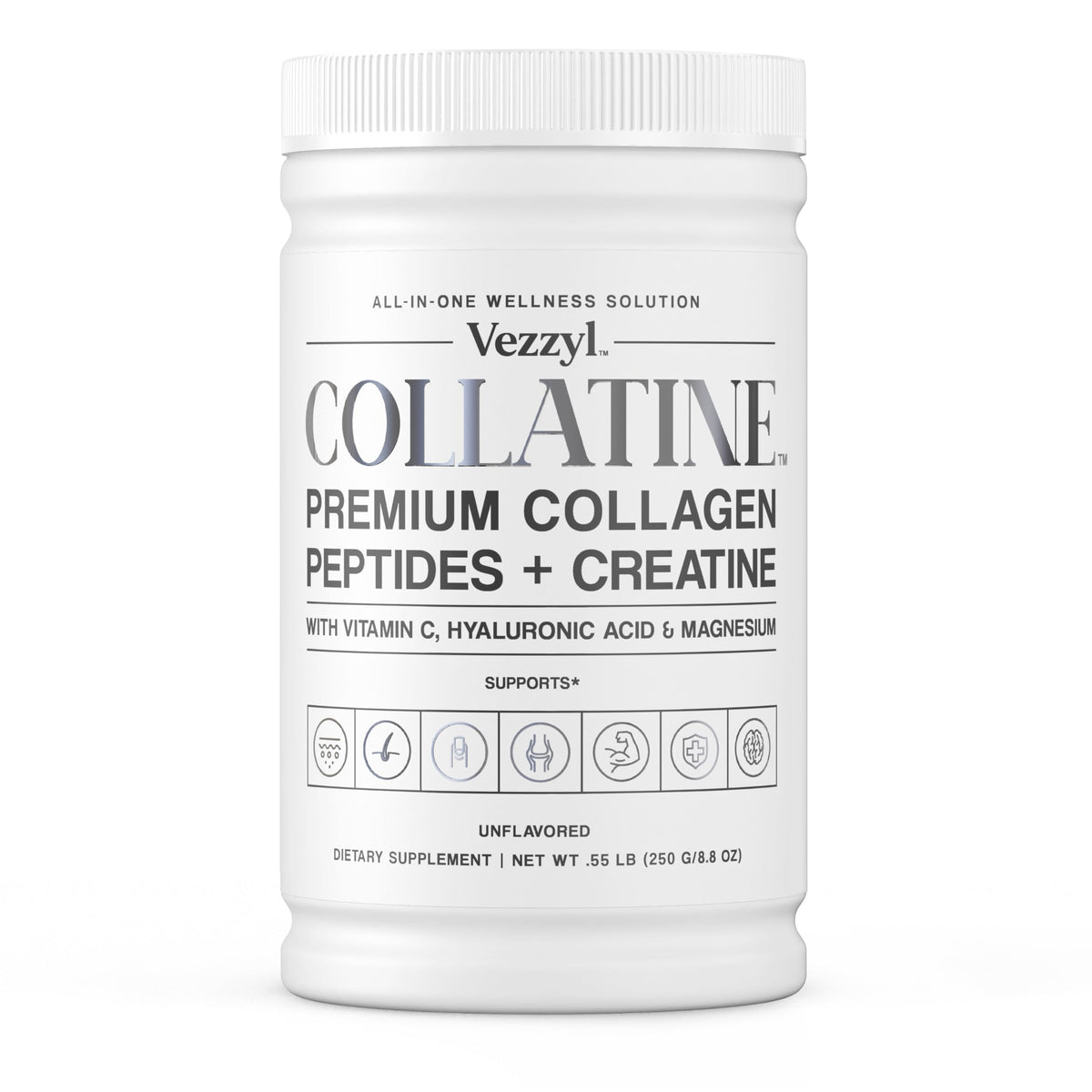 Vezzyl Collatine bottle front highlighting premium packaging for skin and joint support.