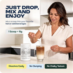 Vezzyl Collatine powder scoop shows a convenient daily serving for smoothies.