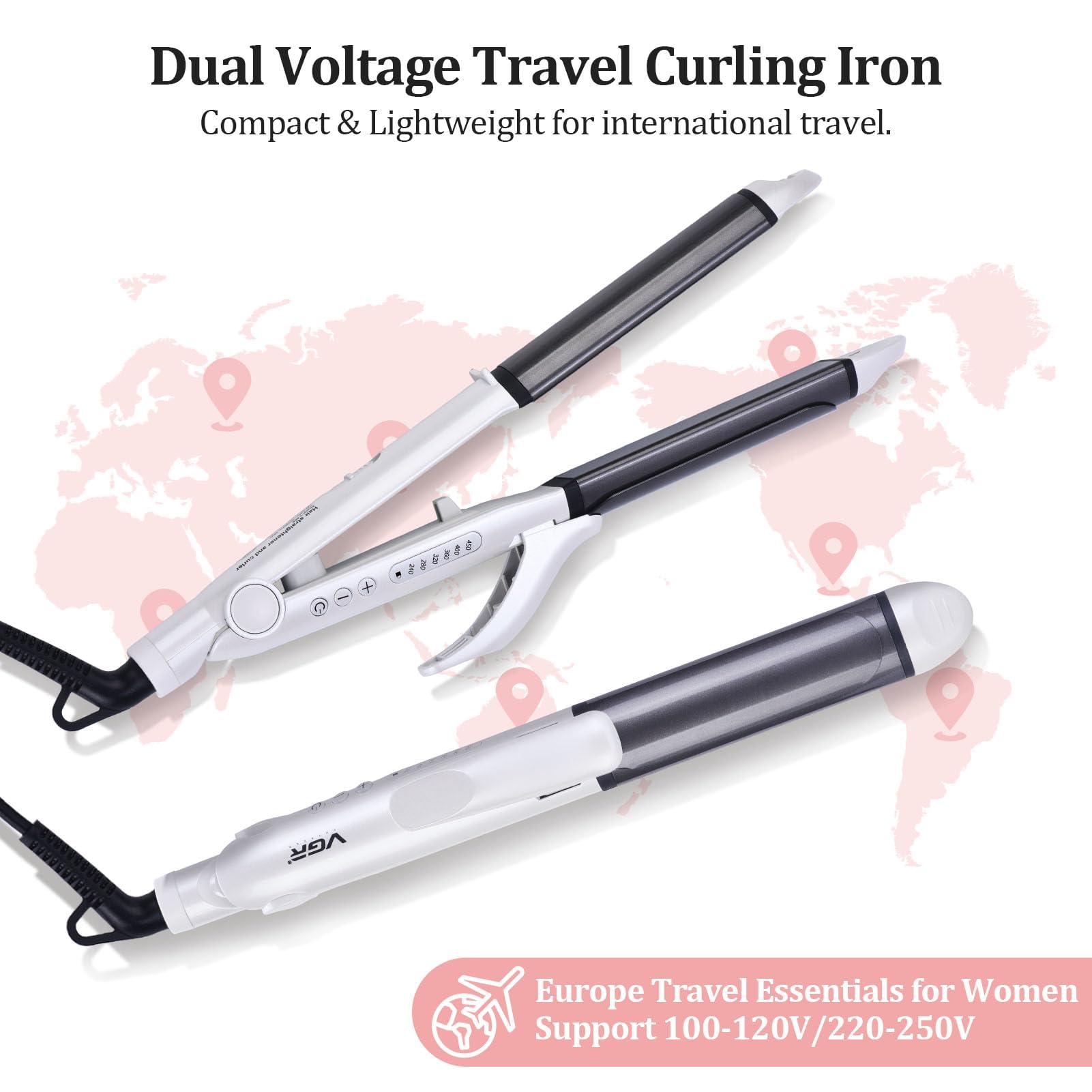 VGR EU/UK plug adapters included for easy compatibility on trips.