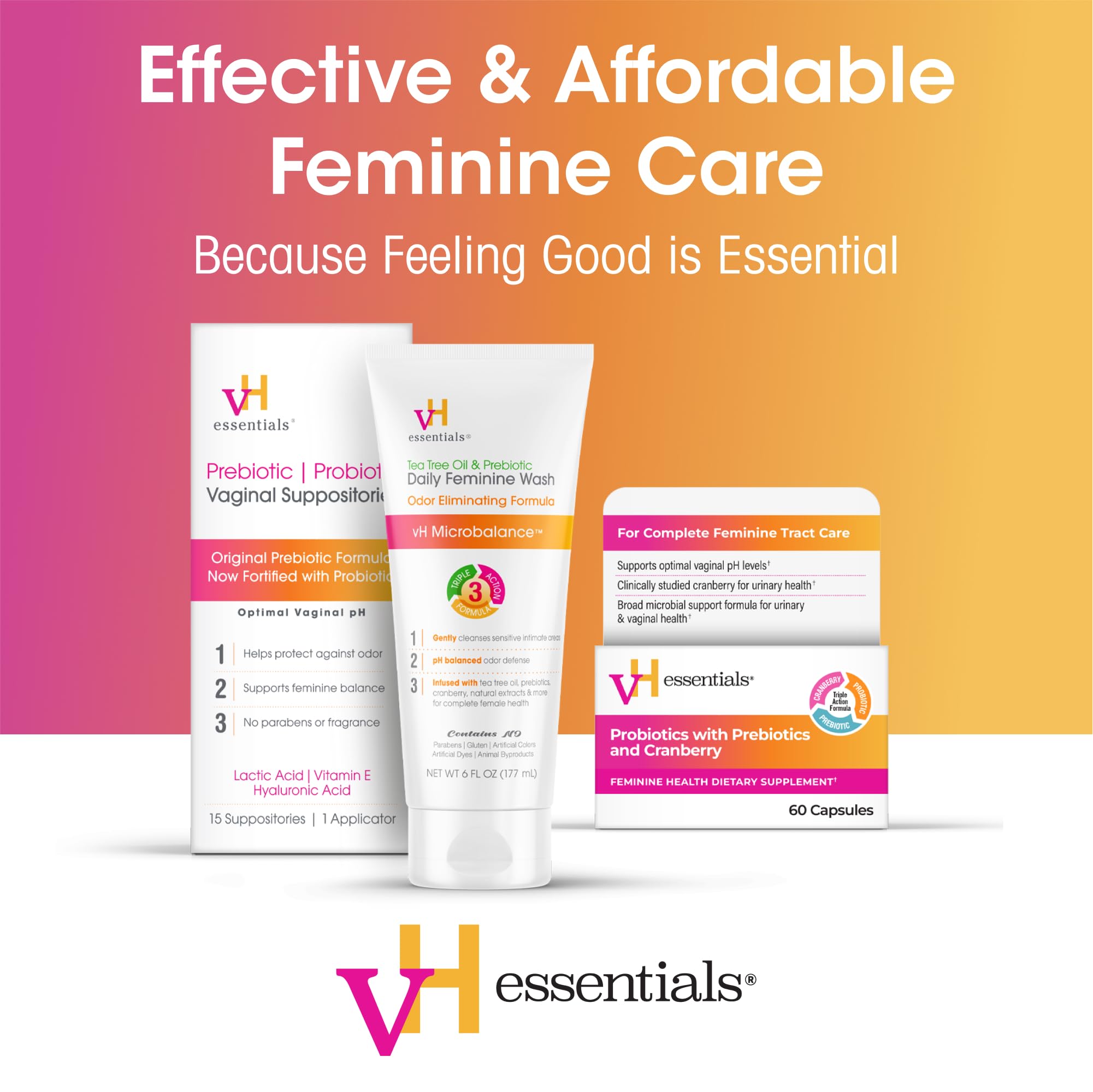 Concept of VH Essentials odor defense microbalance promoting freshness without harsh ingredients.