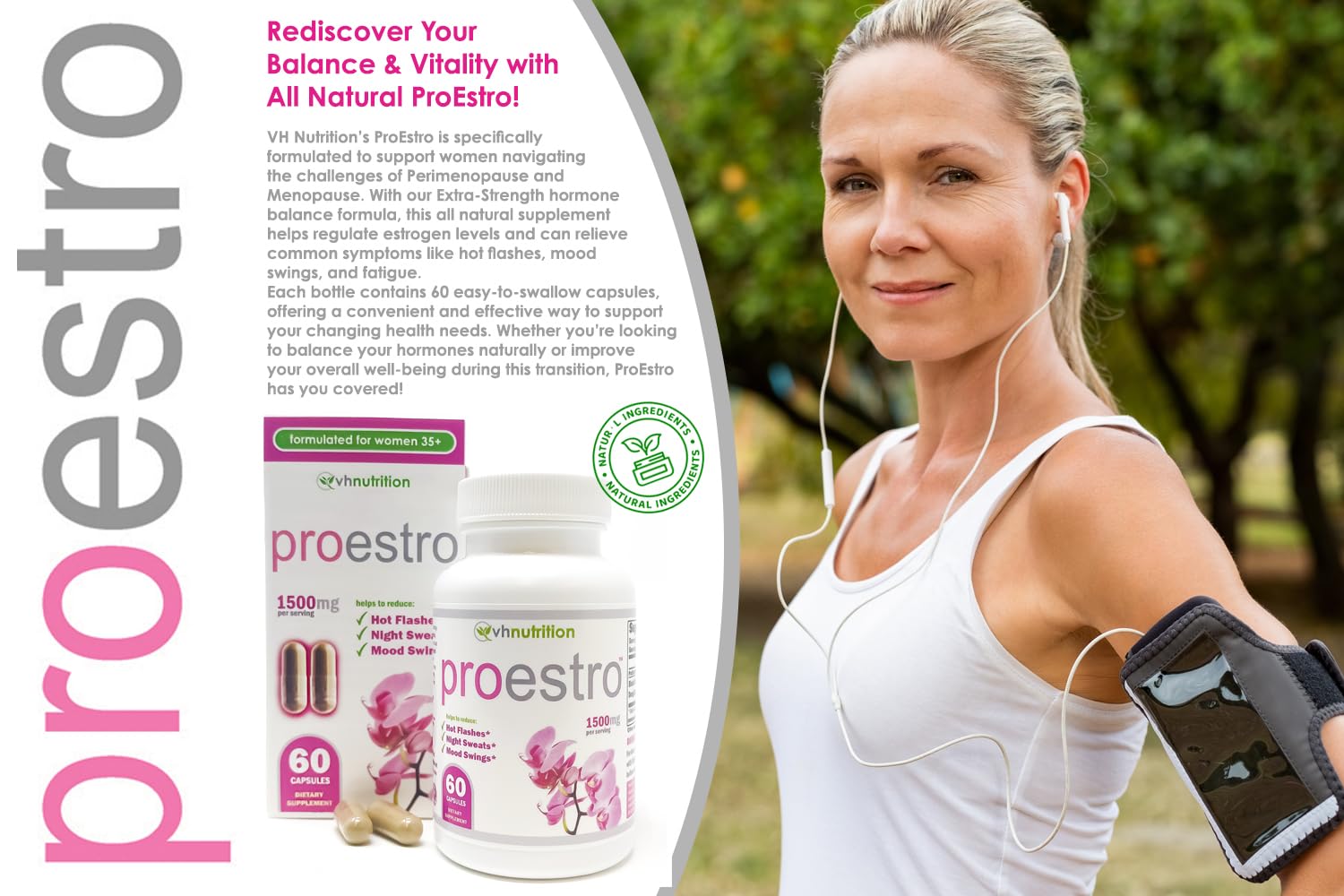 PROESTRO capsules close-up highlighting the natural herbal blend for estrogen balance