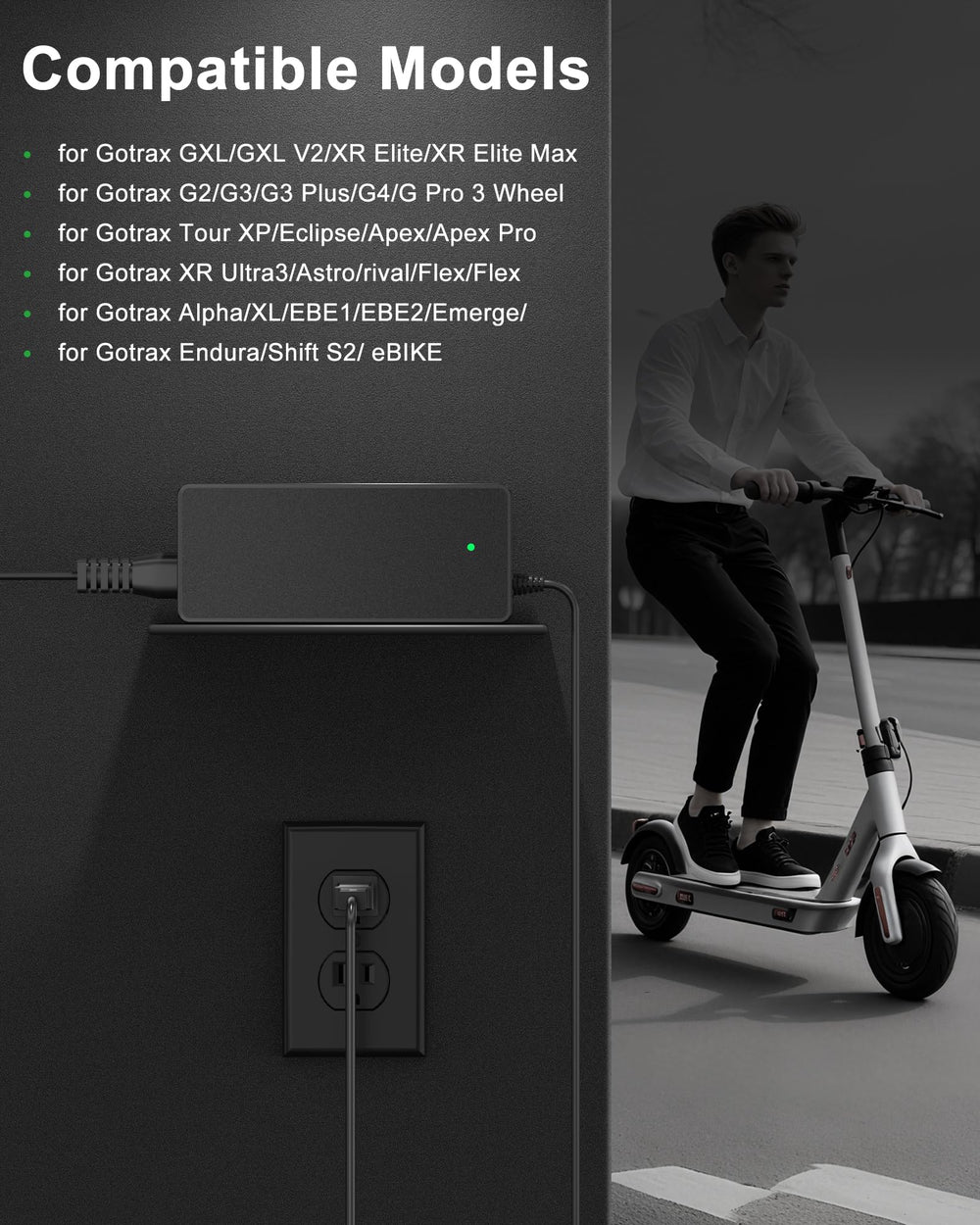 VHBW 42V 2A charger cord length enables flexible home charging