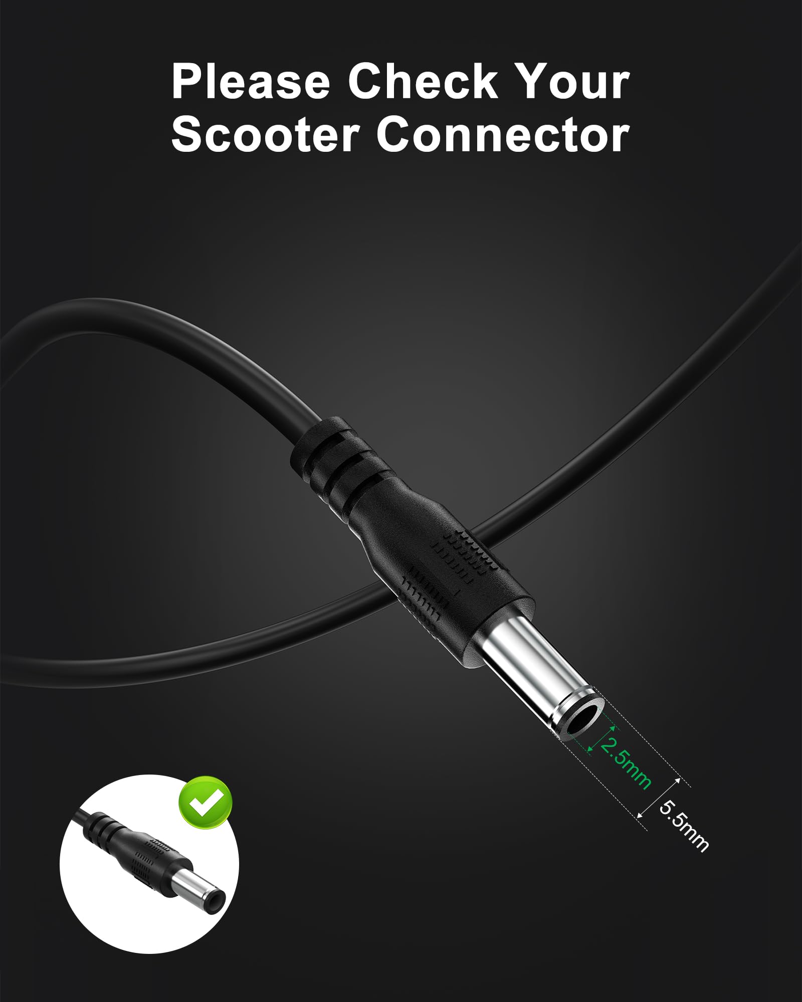 VHBW charger DC plug detail with round tip for Gotrax compatibility
