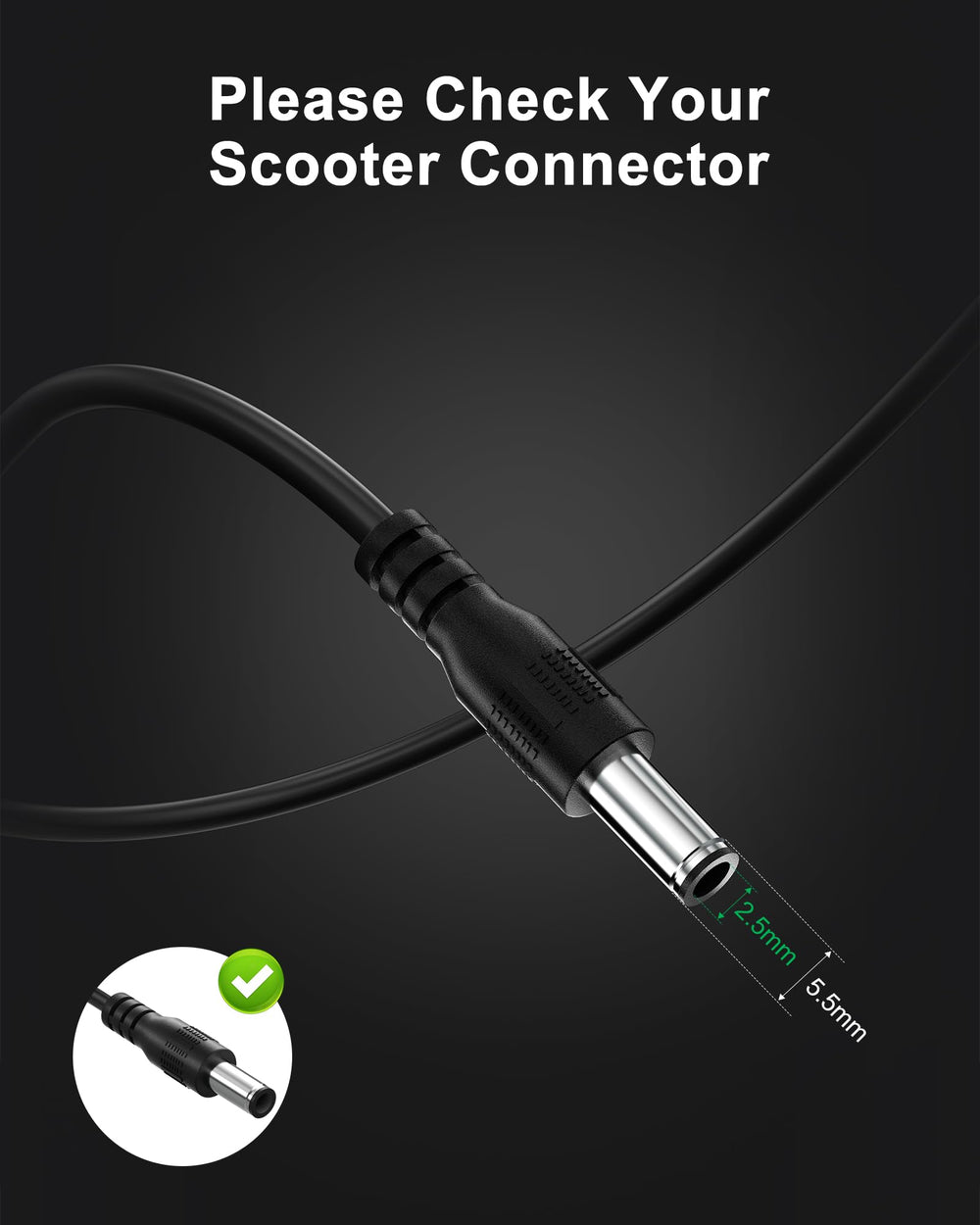 VHBW charger DC plug detail with round tip for Gotrax compatibility