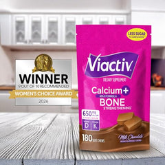 Viactiv calcium soft chews close-up, milk chocolate flavor ideal for on-the-go snacking.