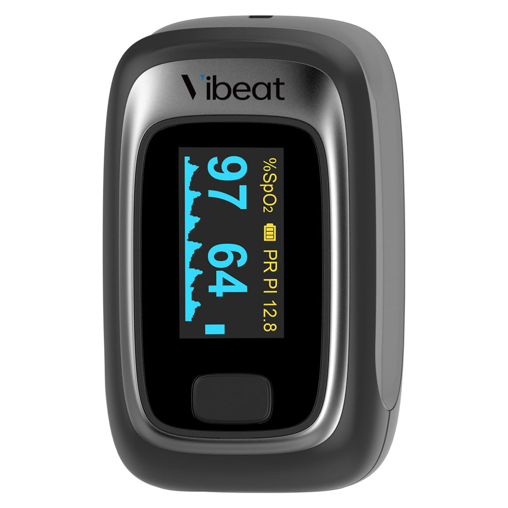 Vibeat Fingertip Oximeter on hand shows quick SpO2 and pulse rate during activity.