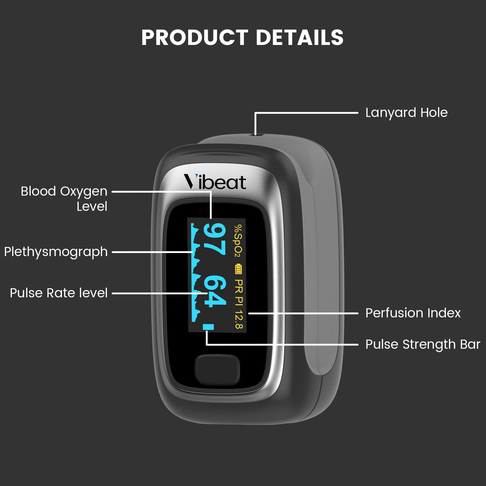 Vibeat Fingertip Oximeter showing SpO2 reading for sports and travel checks.