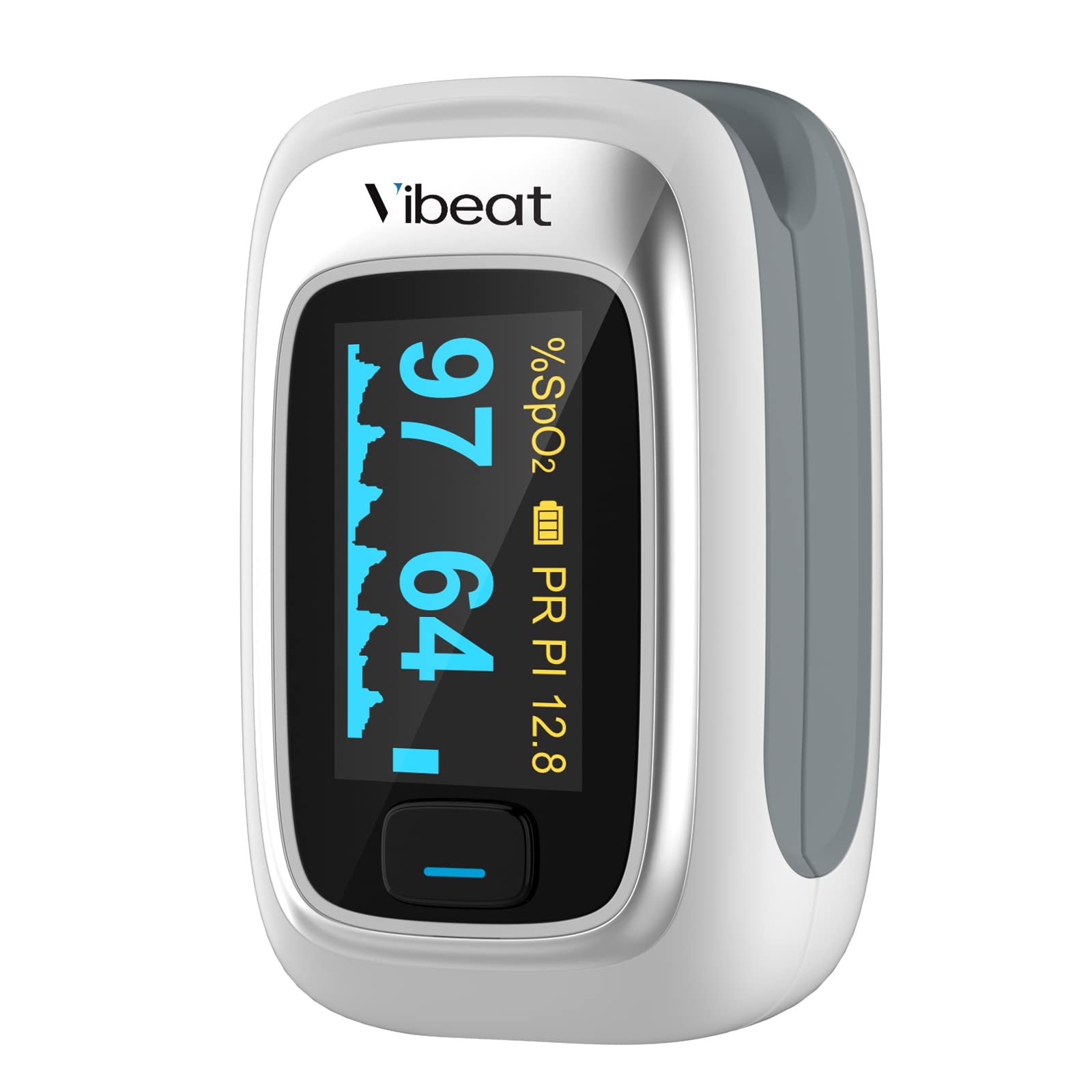 Vibeat fingertip oximeter with OLED display showing SpO2 and pulse rate clearly