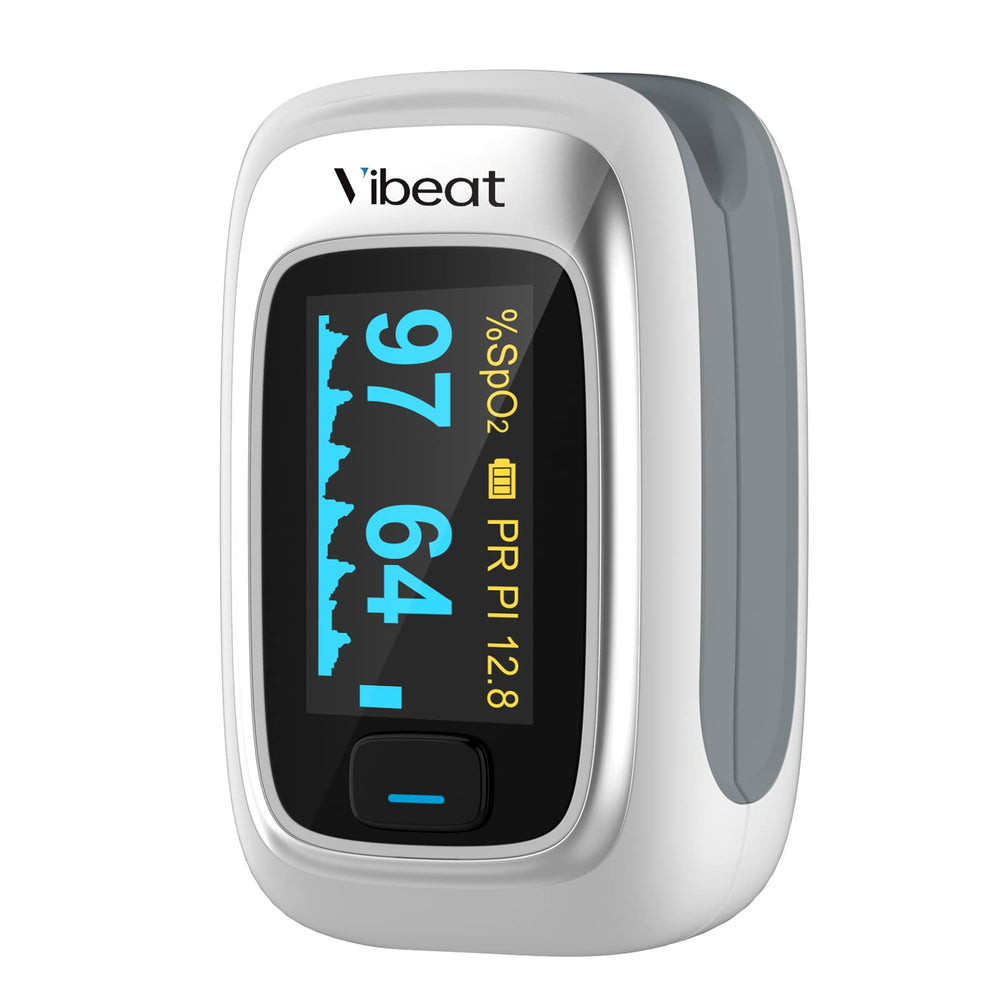 Vibeat fingertip oximeter with OLED display showing SpO2 and pulse rate clearly