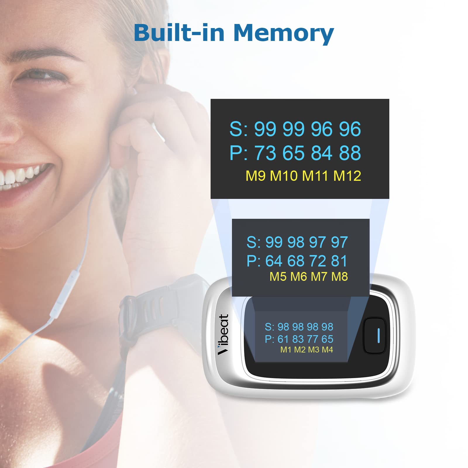 Vibeat oximeter memory stores up to 12 readings for review