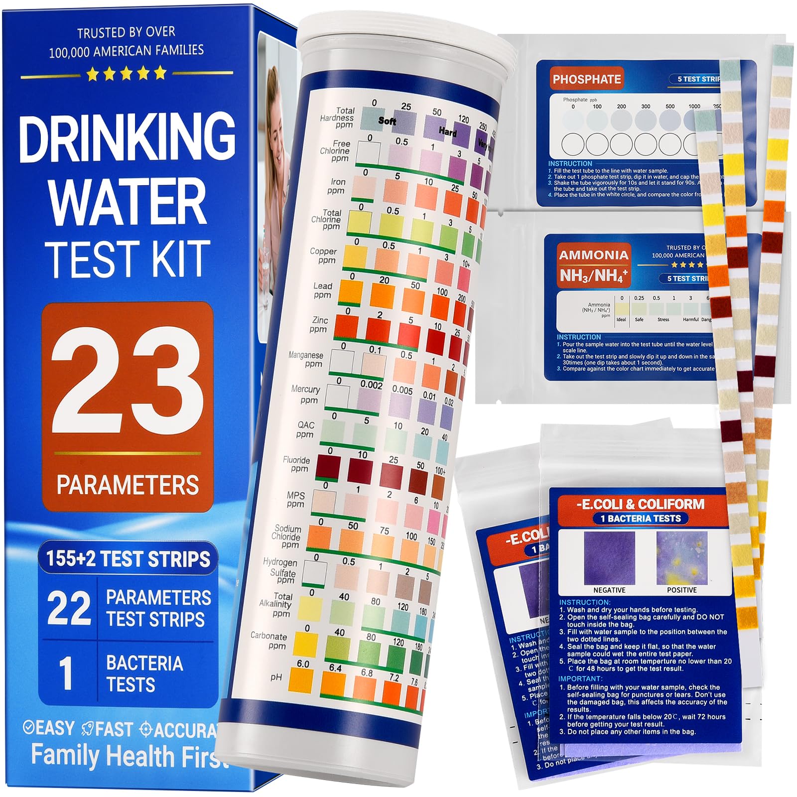 VibeEsece 23-in-1 kit box for all-in-one home water testing convenience.