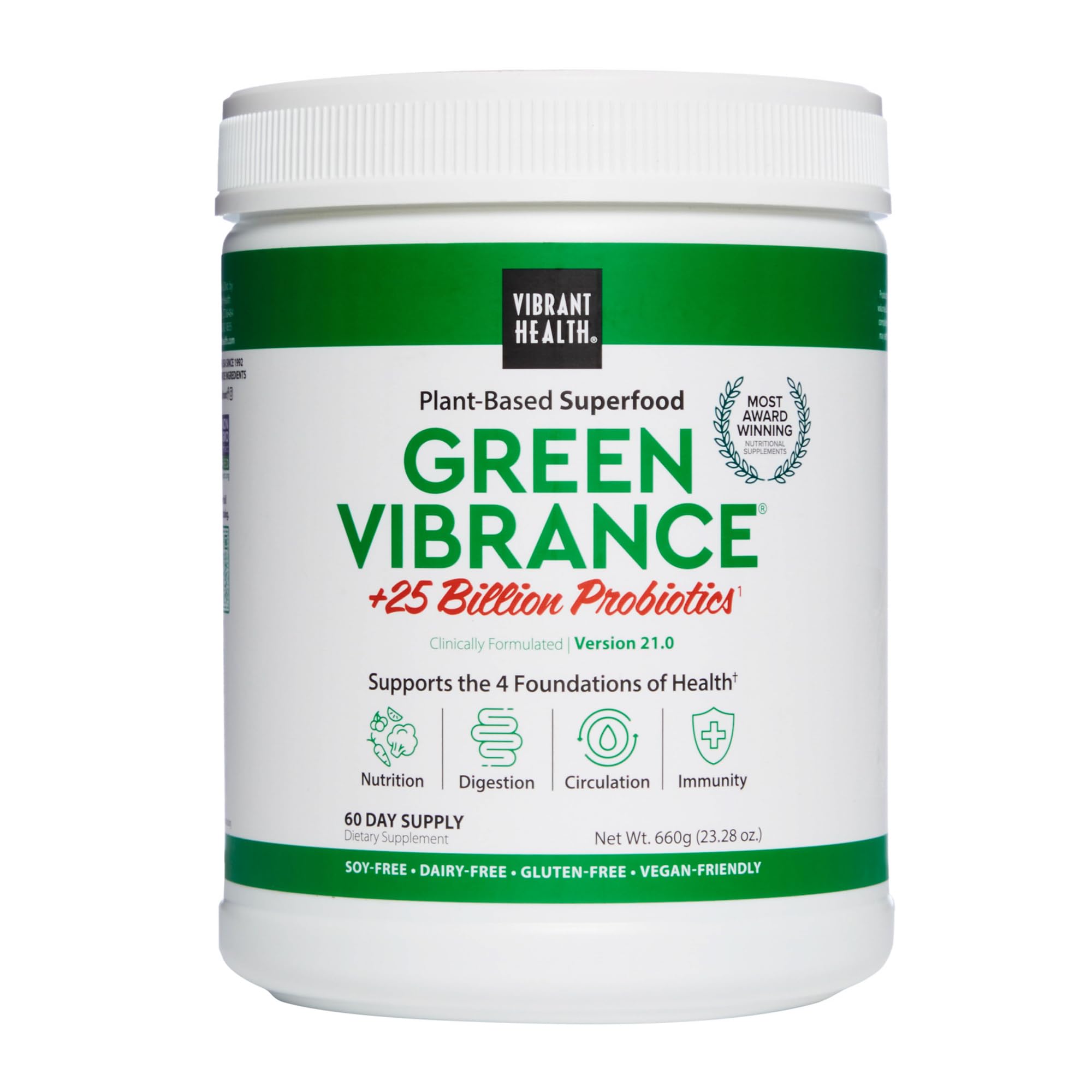 Vibrant Health Green Vibrance jar showing a vegan greens blend for daily nutrition.