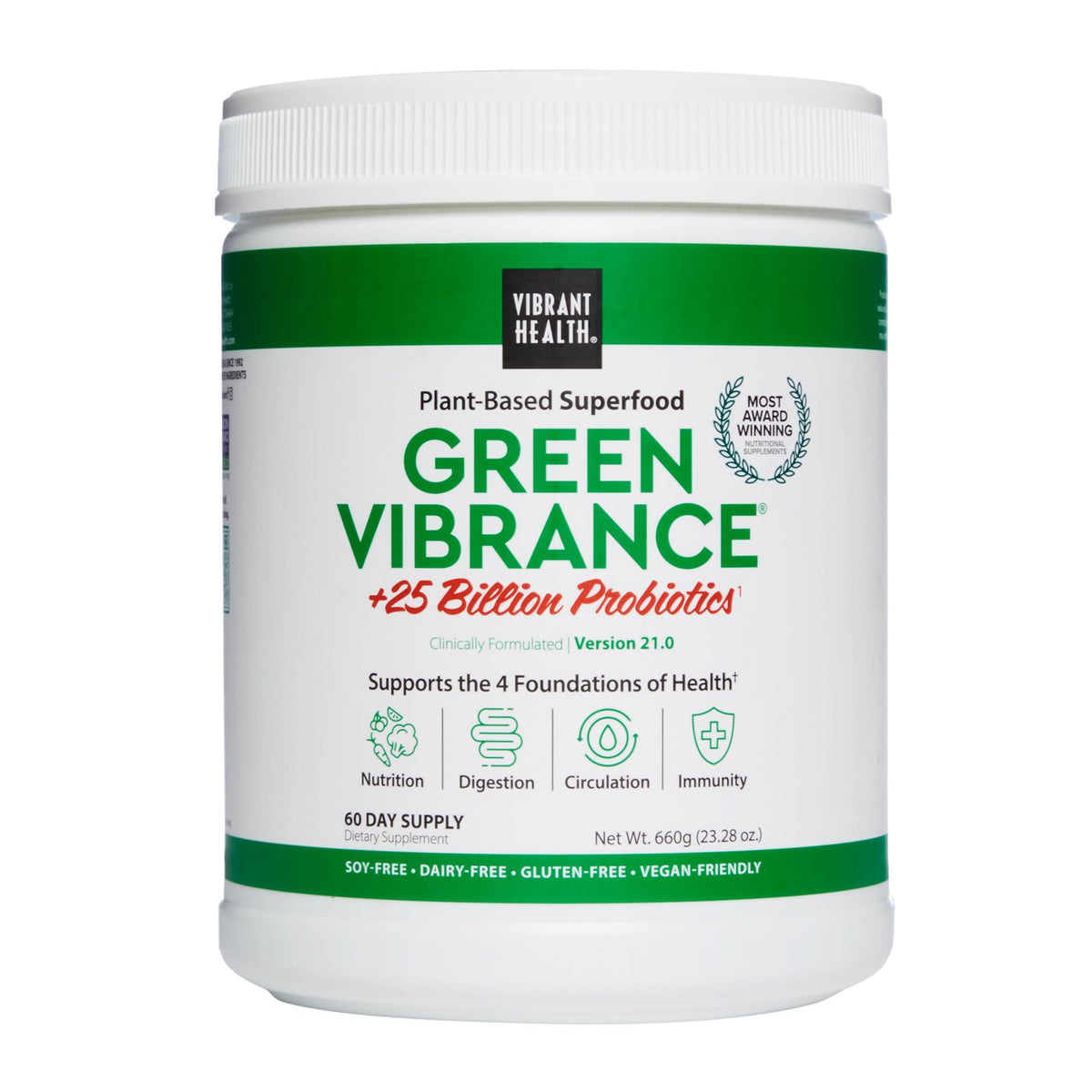 Vibrant Health Green Vibrance jar showing a vegan greens blend for daily nutrition.