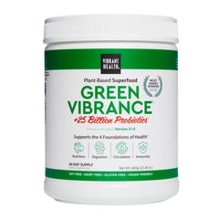 Vibrant Health Green Vibrance jar showing a vegan greens blend for daily nutrition.