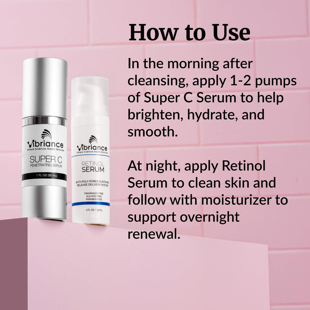 Vibriance Super C Serum day bottle close-up highlighting brightness and hydration.