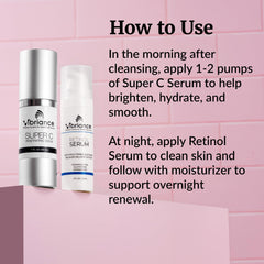 Vibriance Super C Serum day bottle close-up highlighting brightness and hydration.