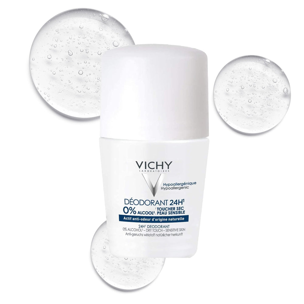 Vichy 24-Hour Dry-Touch Roll-On Deodorant bottle shows a residue-free finish.