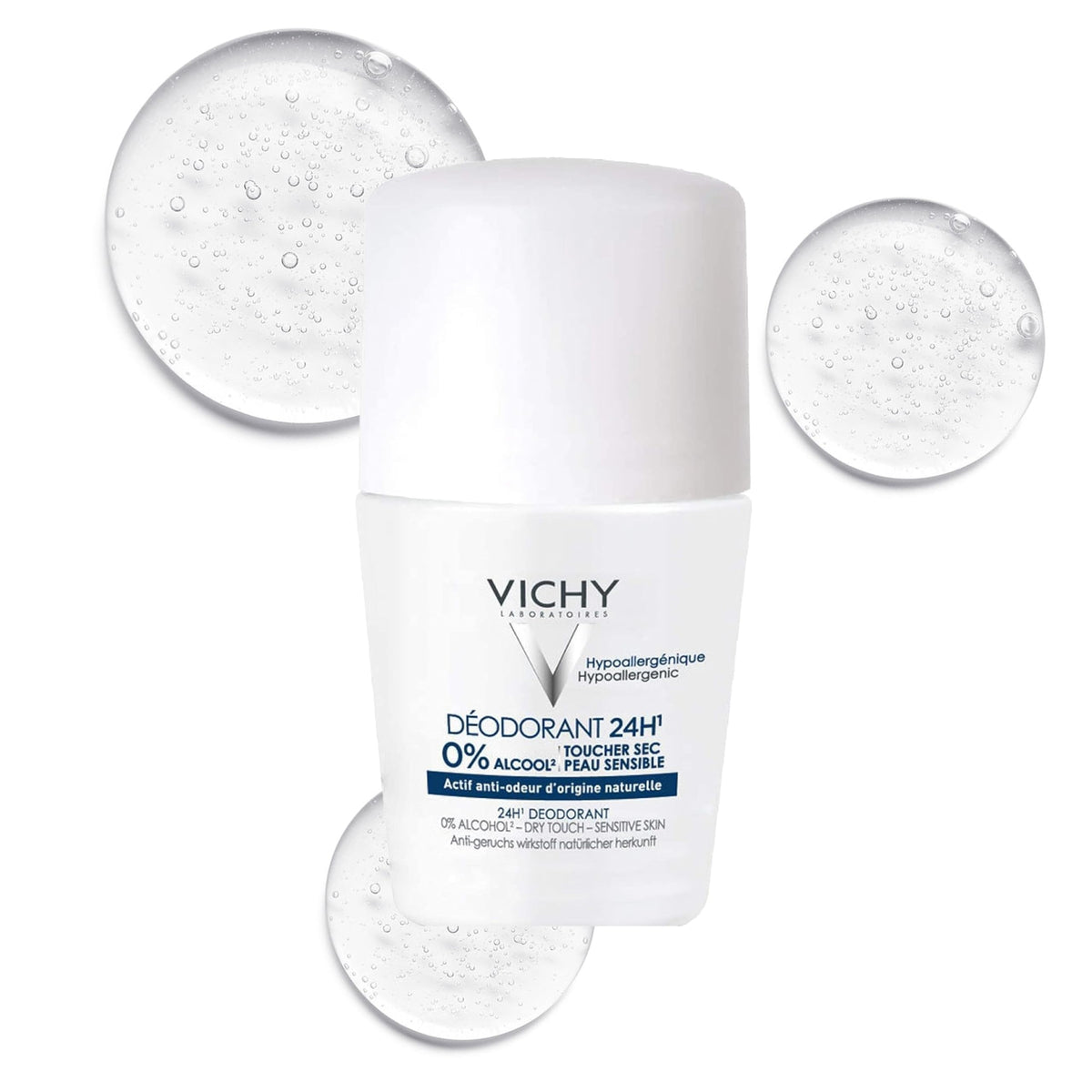 Vichy 24-Hour Dry-Touch Roll-On Deodorant bottle shows a residue-free finish.