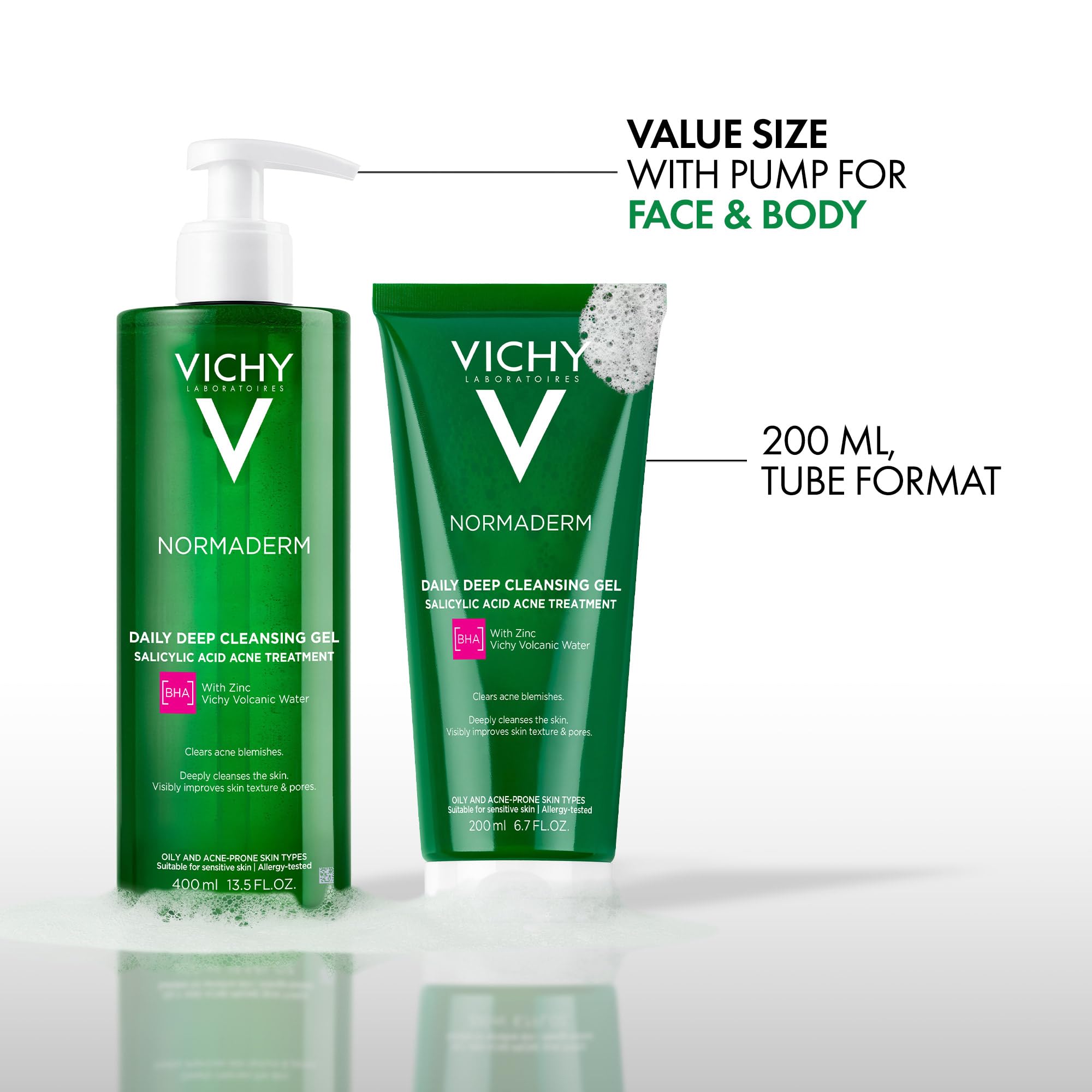 VICHY Normaderm fragrance-free image conveys allergy-tested gentle cleansing.