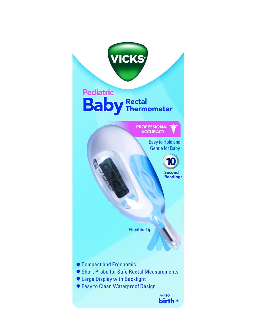 Vicks Baby Rectal Thermometer showing large digital display for fast fever checks.