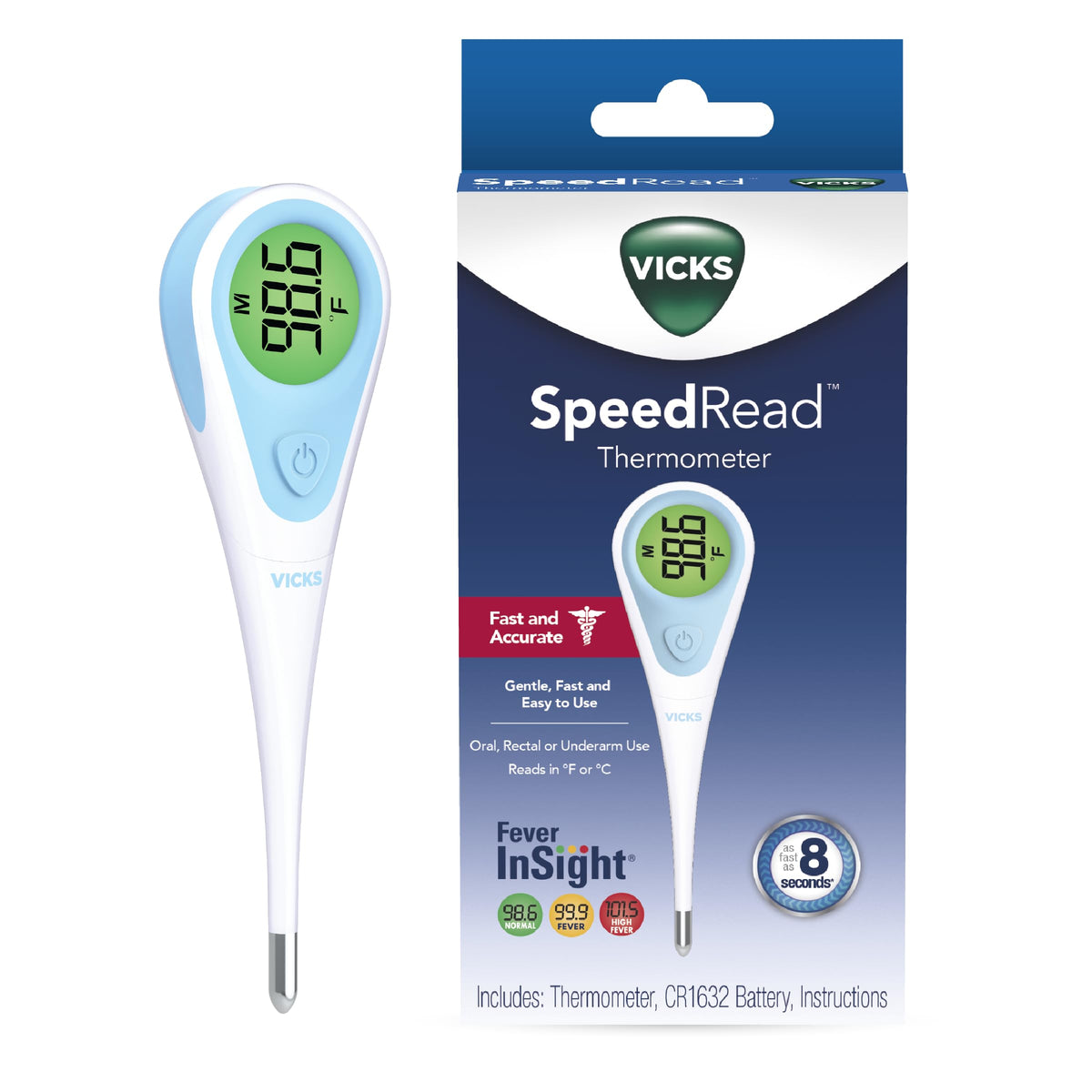 Vicks SpeedRead thermometer displaying an 8 second reading for quick checks