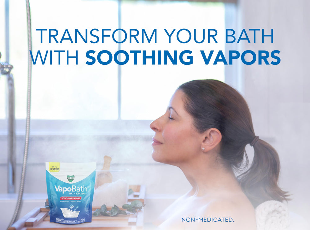 Vicks VapoBath salts dissolve for a calming soak in water