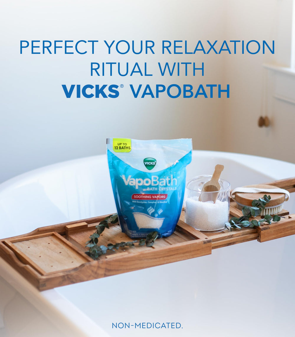 Vicks VapoBath eucalyptus and menthol scent enhances the bath