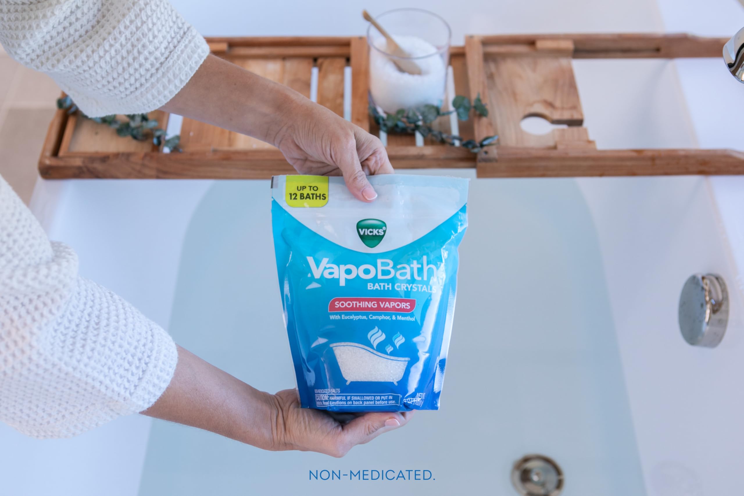 Vicks VapoBath stand-up pouch holds 36 oz for multiple soaks