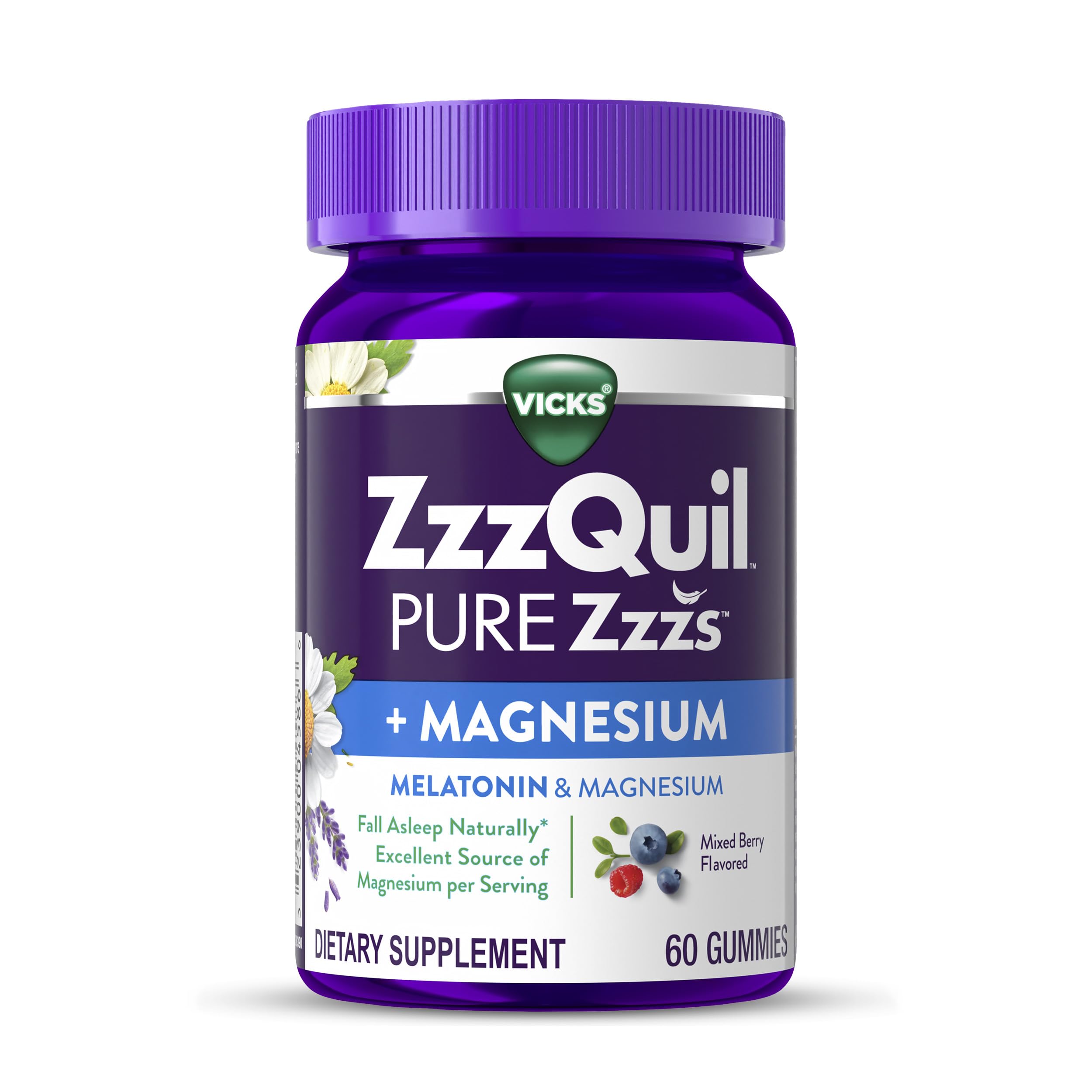 Vicks ZzzQuil Pure Zzzs bottle with mixed berry gummies for easy night-time routine