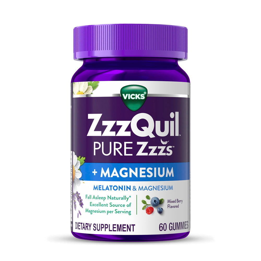 Vicks ZzzQuil Pure Zzzs bottle with mixed berry gummies for easy night-time routine