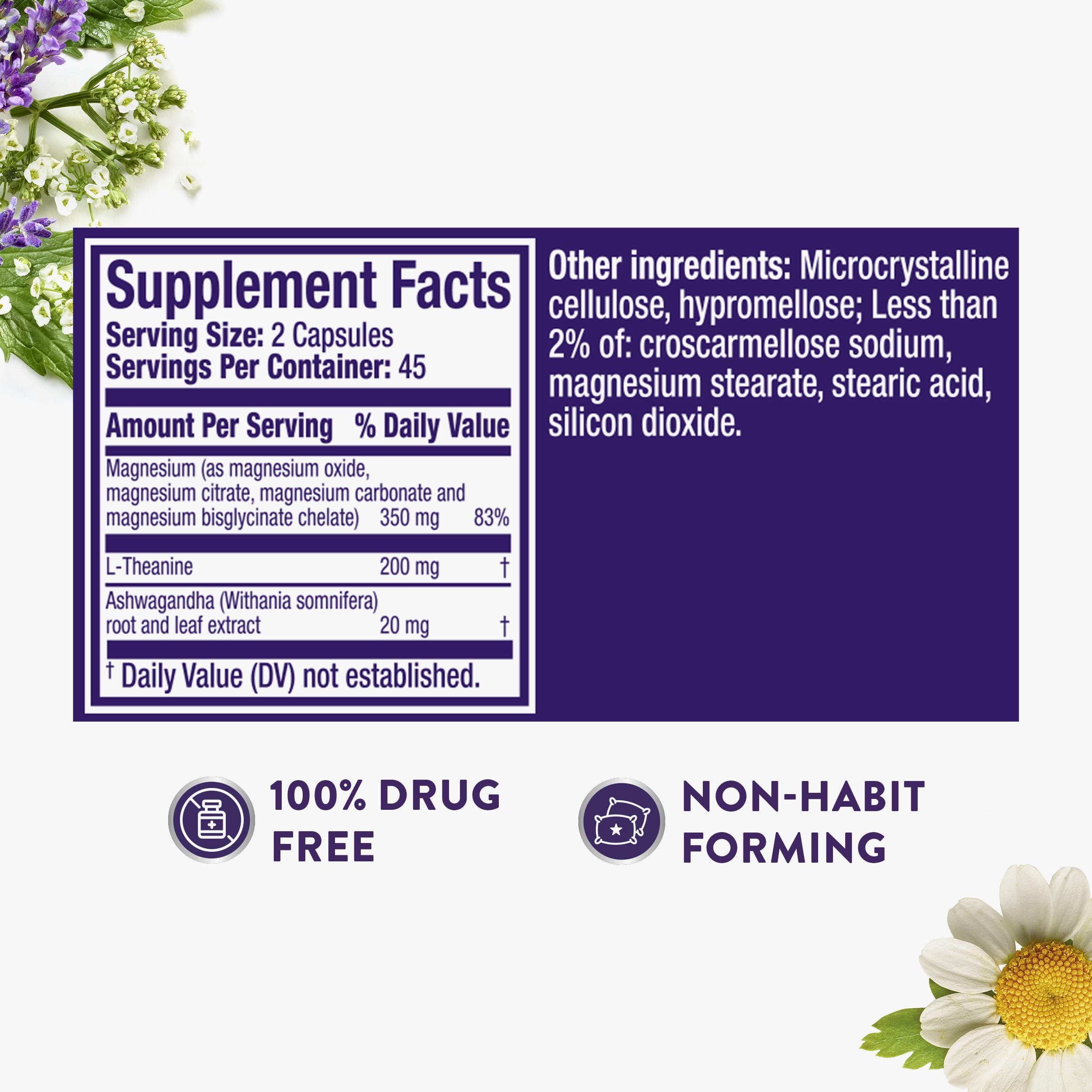 Close-up on dosage info for a non-habit forming sleep aid.