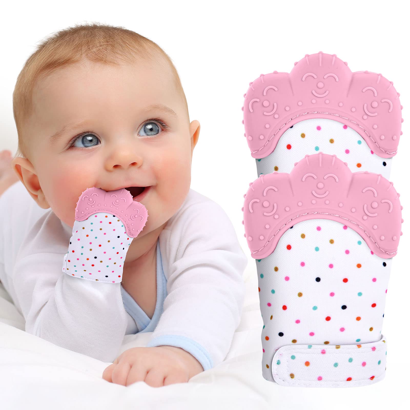 Vicloon 2-pack silicone teething mitt on wrist shows easy access and soothing relief.
