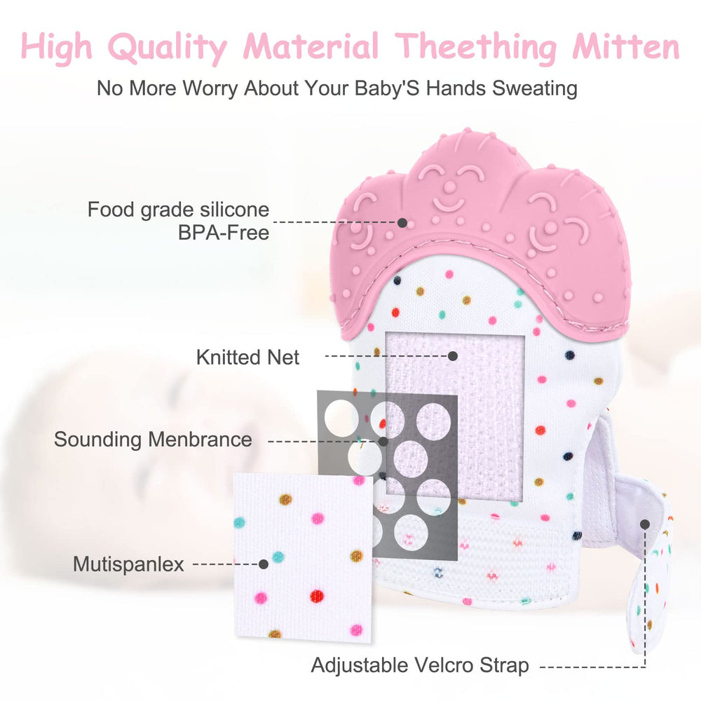 Vicloon baby wearing mitt allows supervision while soothing gums.