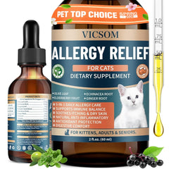 VICSOM cat allergy relief bottle shown for easy dosing and ongoing seasonal relief.
