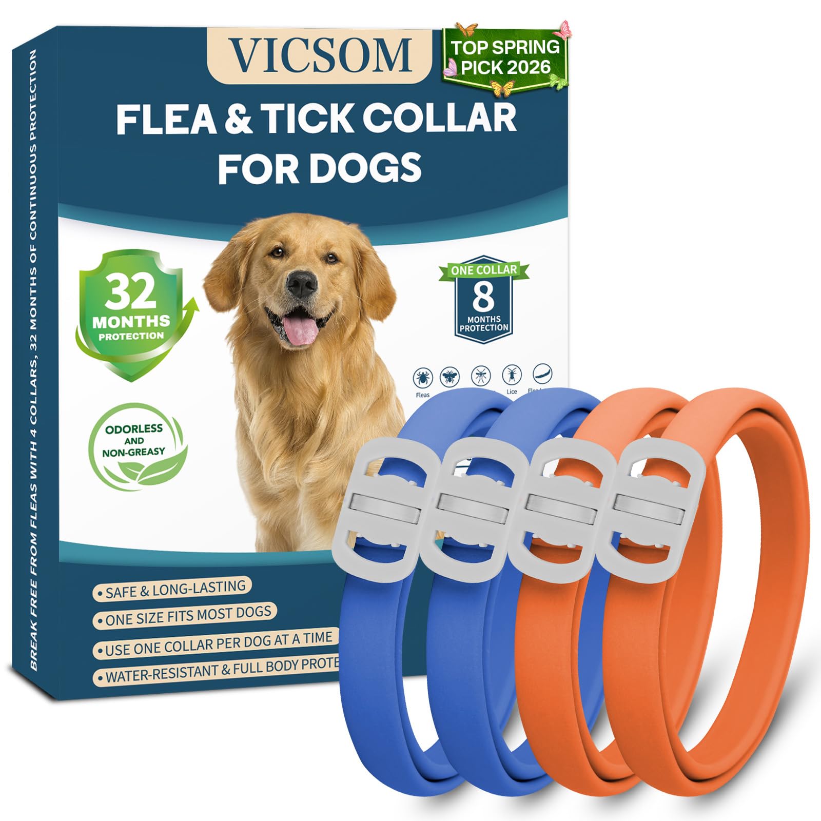 VICSOM dog flea and tick collar 4-pack in blue and orange for long-lasting pest prevention.