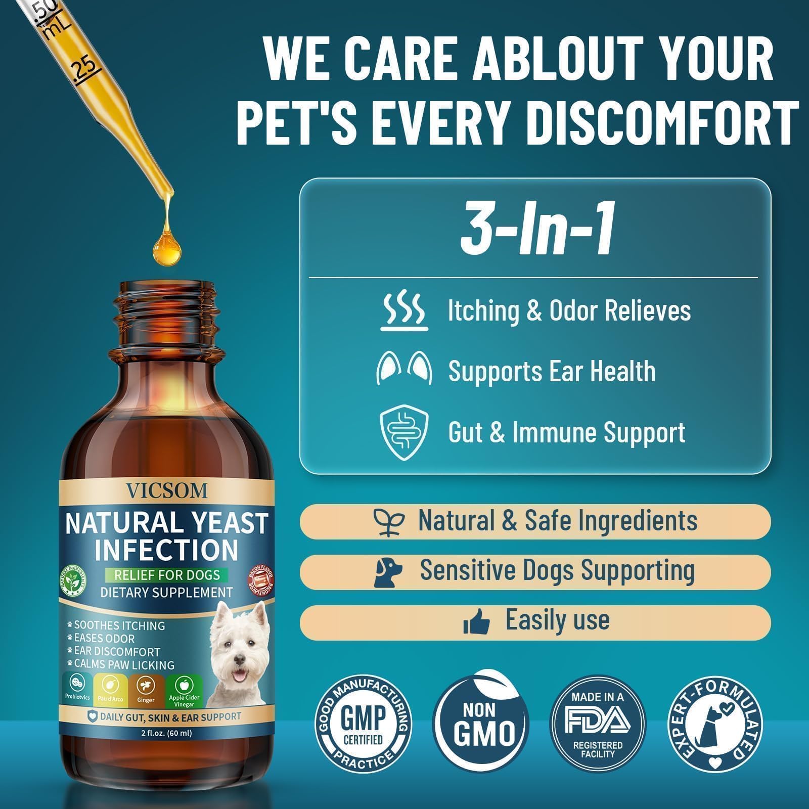 VICSOM ear-health for dogs improving odor and wax balance with regular use.
