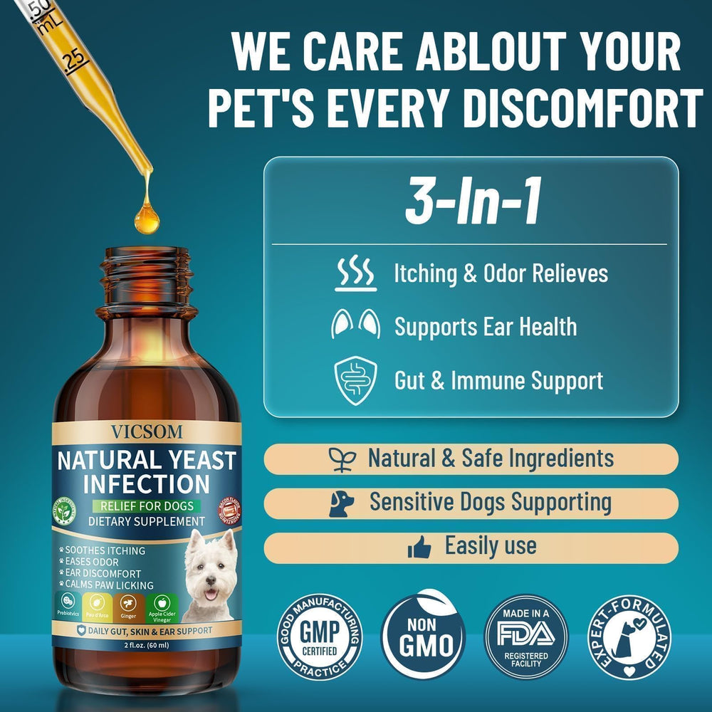 VICSOM ear-health for dogs improving odor and wax balance with regular use.