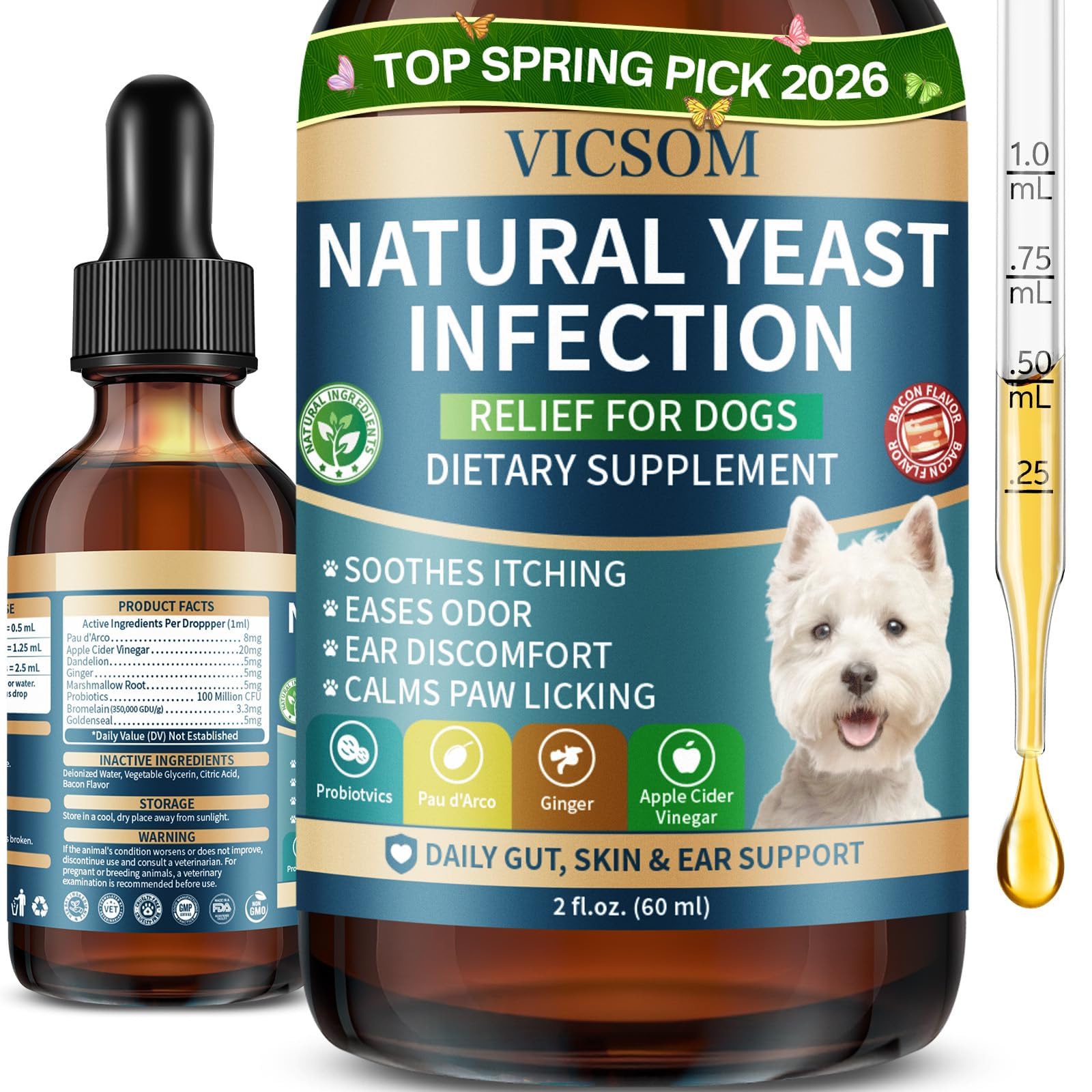 VICSOM natural dog yeast bottle shown for easy daily dosing and gentle balance.