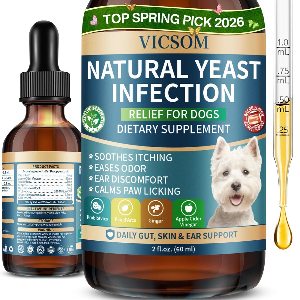 VICSOM natural dog yeast bottle shown for easy daily dosing and gentle balance.