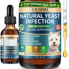 VICSOM natural dog yeast bottle shown for easy daily dosing and gentle balance.