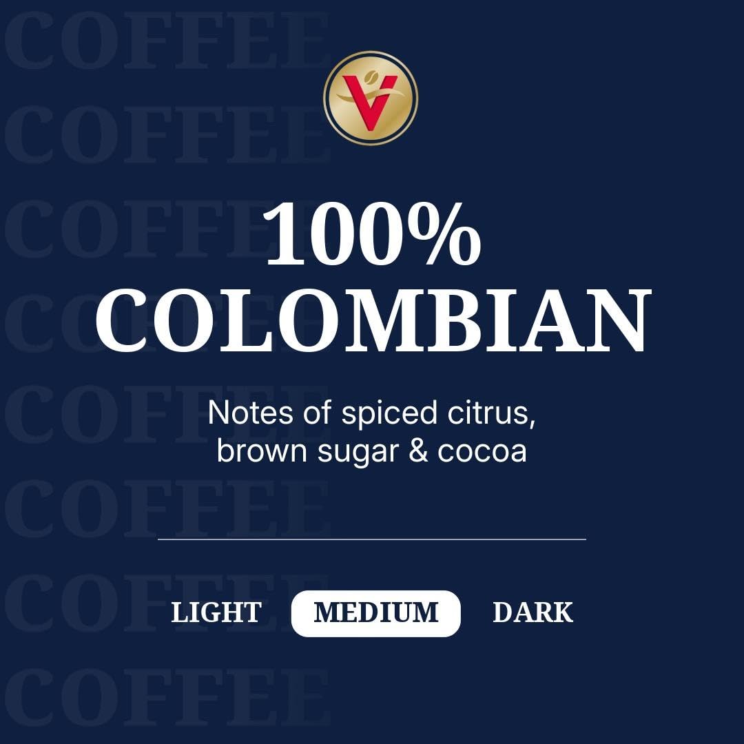 Victor Allen's Coffee 100% Colombian pods closeup highlighting premium roast aroma.