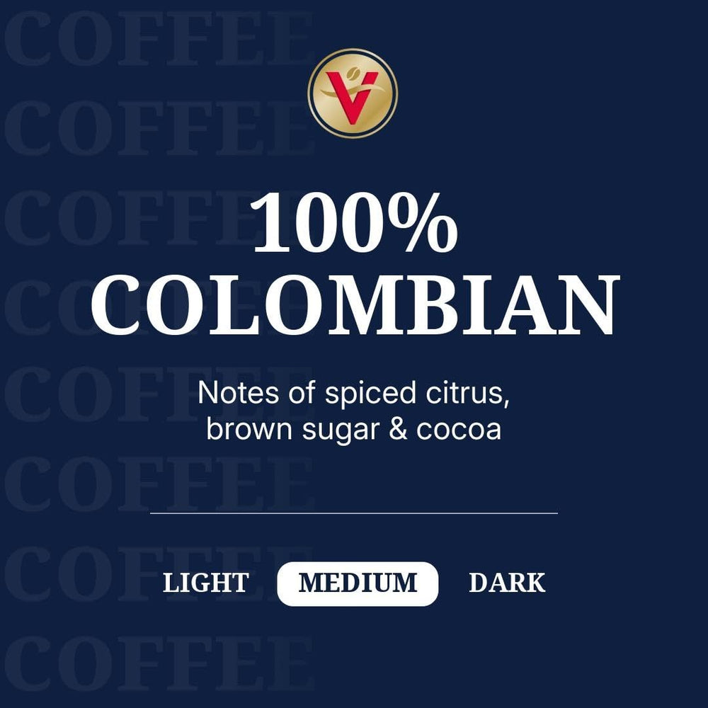 Victor Allen's Coffee 100% Colombian pods closeup highlighting premium roast aroma.