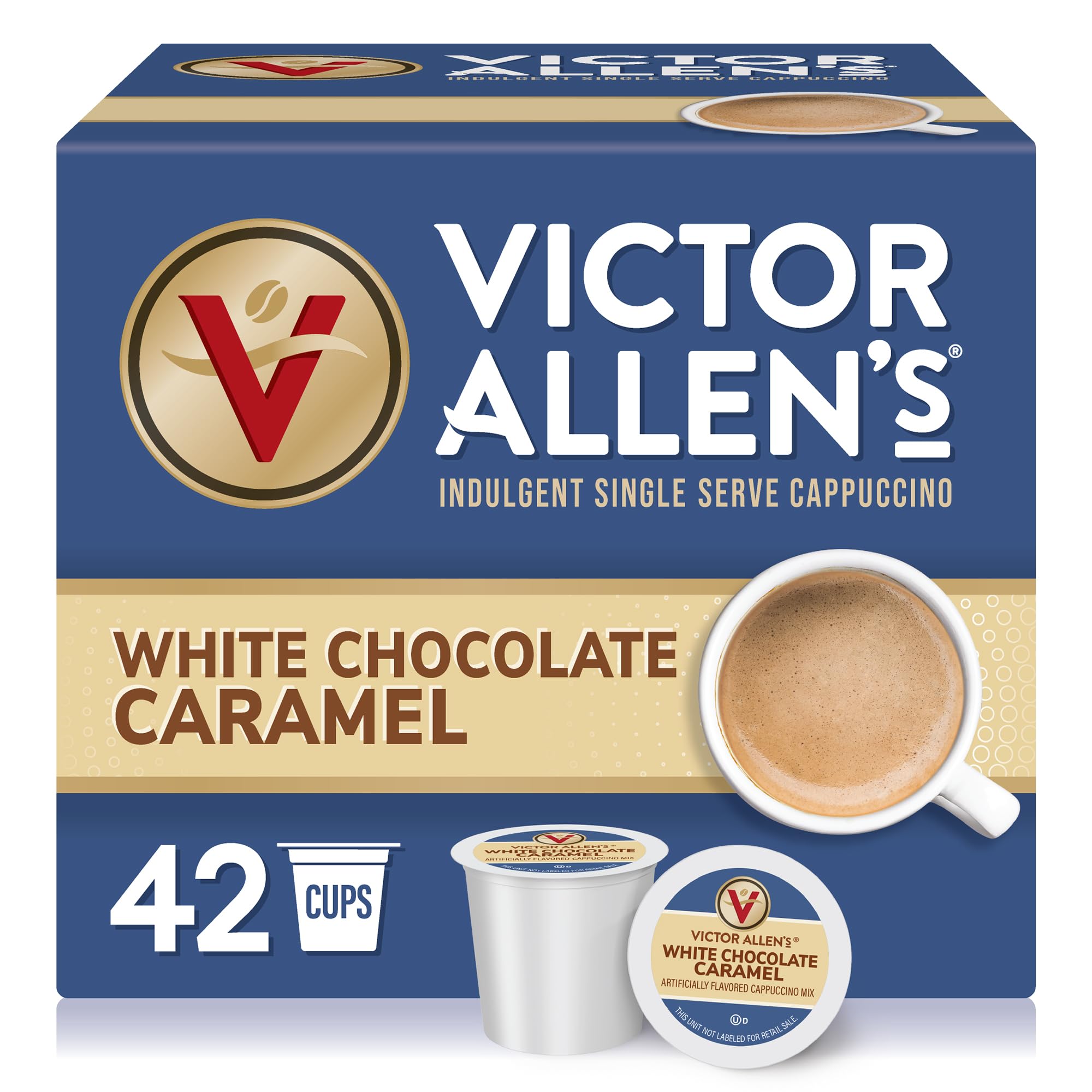 Victor Allen's white chocolate caramel cappuccino box of 42 pods for quick mornings.