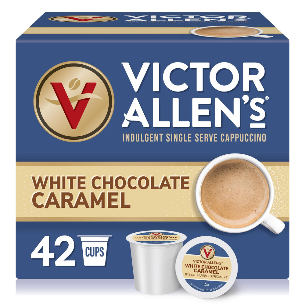 Victor Allen's white chocolate caramel cappuccino box of 42 pods for quick mornings.