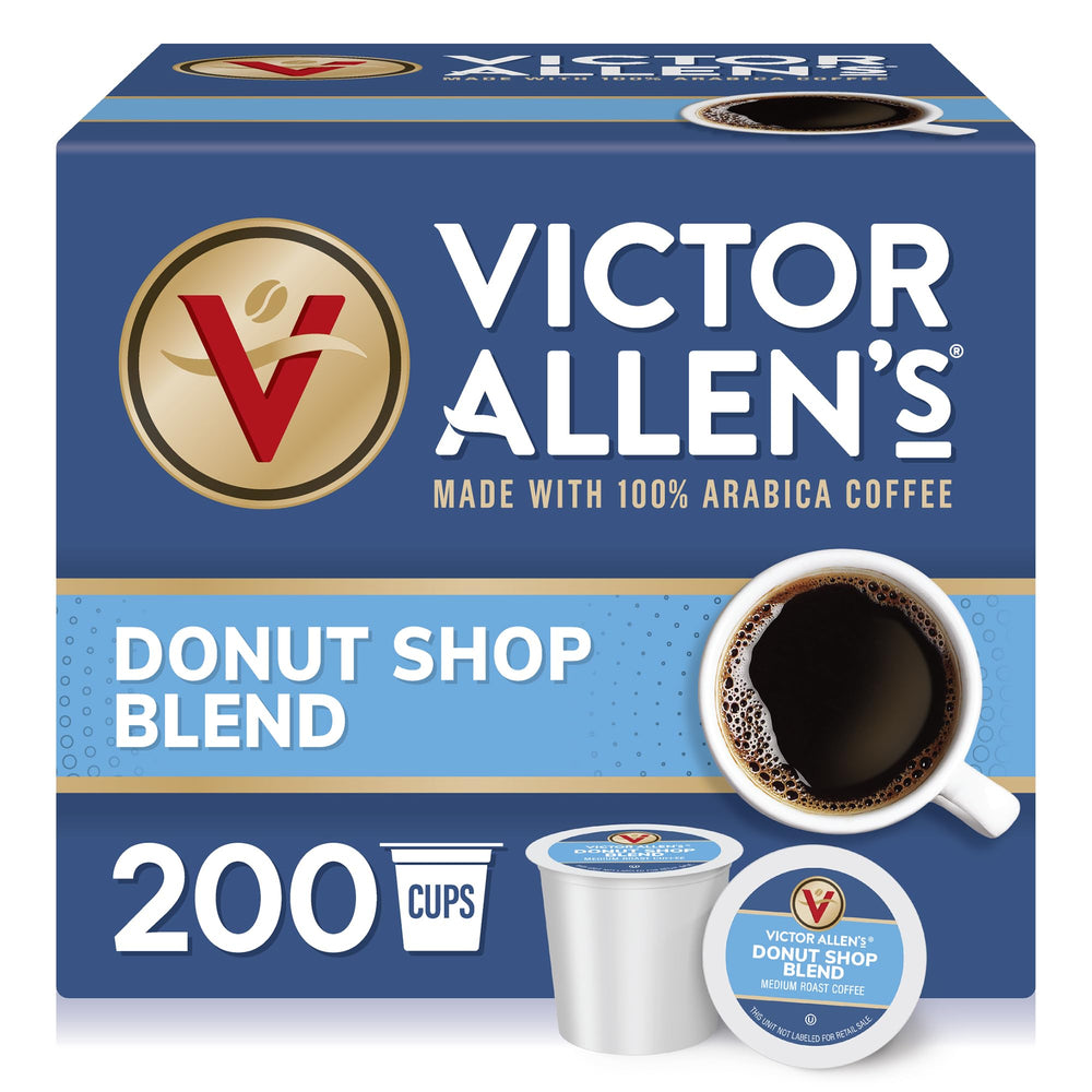 Victor Allen's Donut Shop Blend pods in a box for quick single-serve brewing