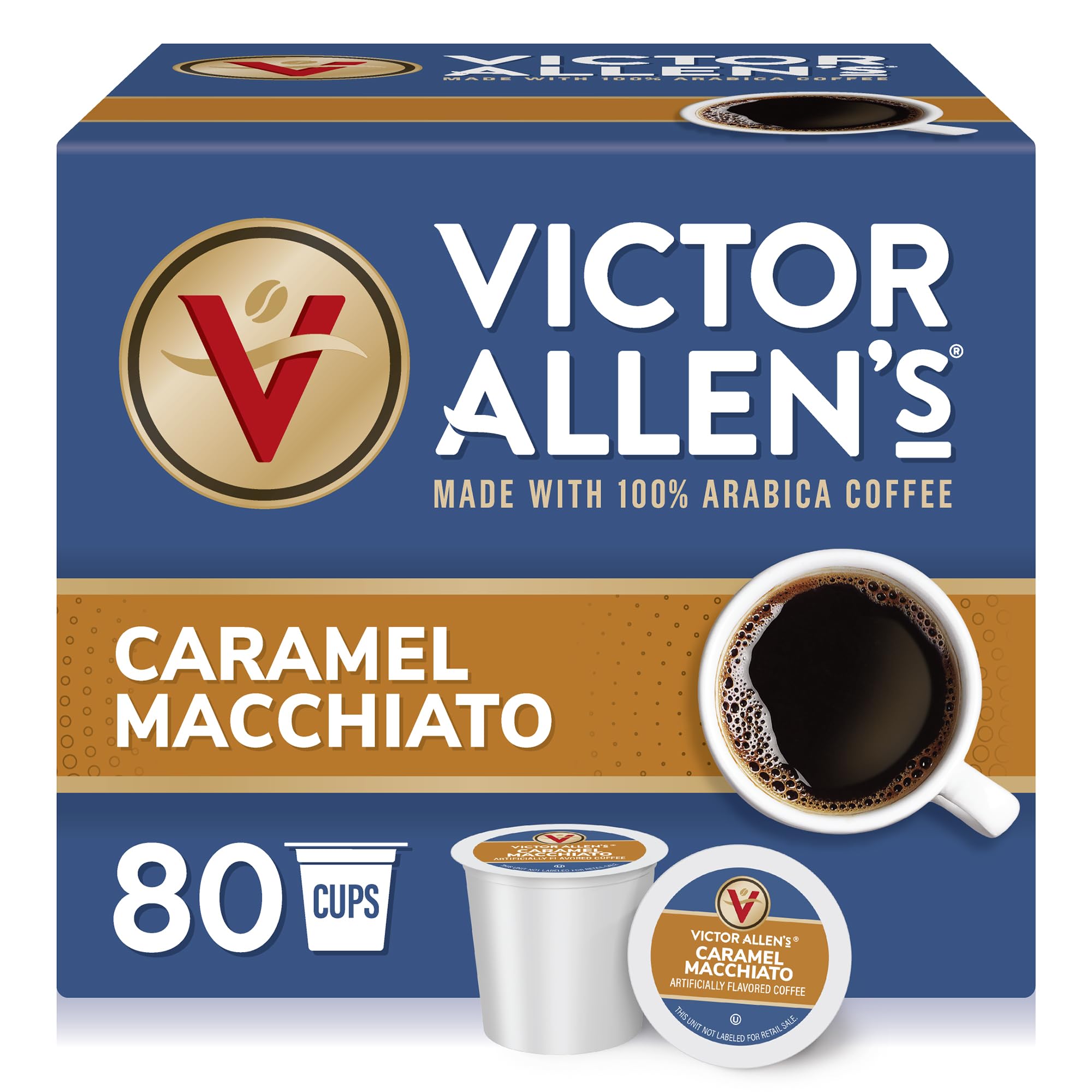 Victor Allen's Caramel Macchiato pod box on a kitchen counter for easy access.